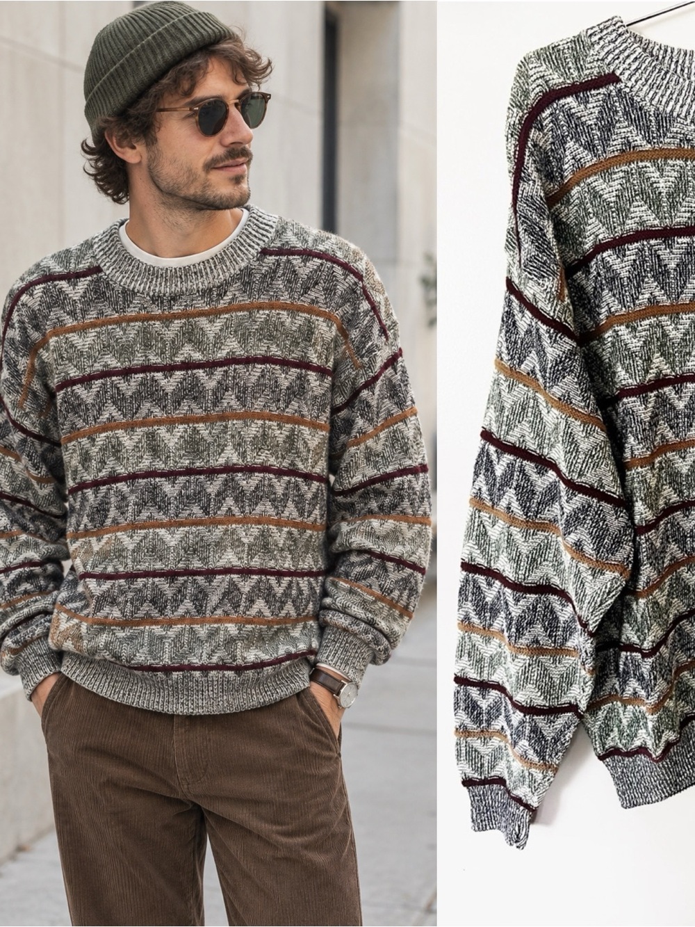 Vintage 80s 90s Mens Jantzen Grandpa Crew Sweater Cotton Retro USA Geometric